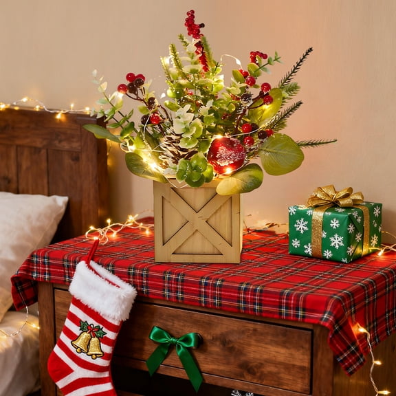 Bfogop Christmas Decoration Wooden Base Desktop Christmas Tree Berry Decoration Mini Evergreen Tree, Suitable for Home/Office/Hotel - Realistic Artificial Green Desktop Decoration