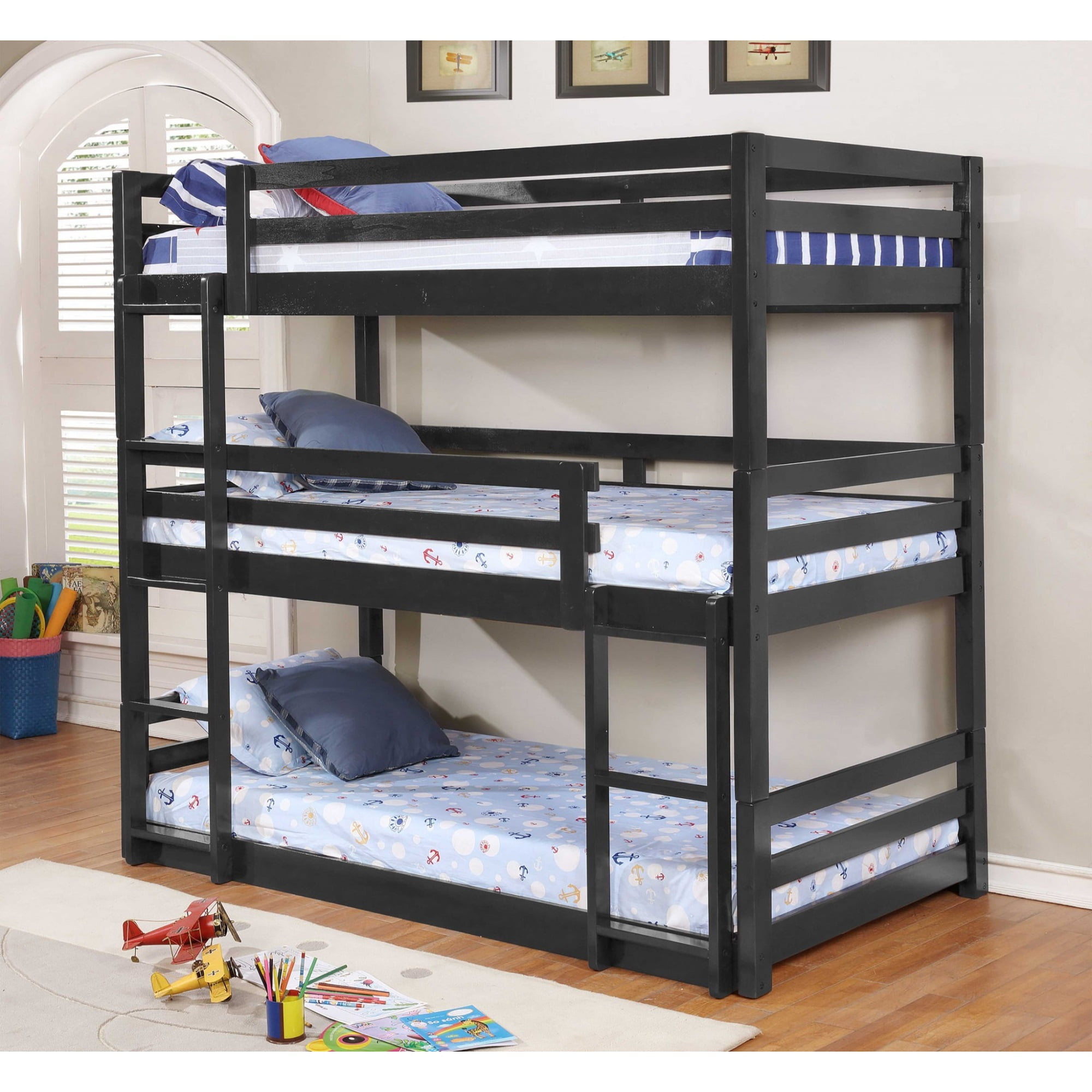 Space Saving Black Finish Solid Wood Twin Triple Bunk Bed