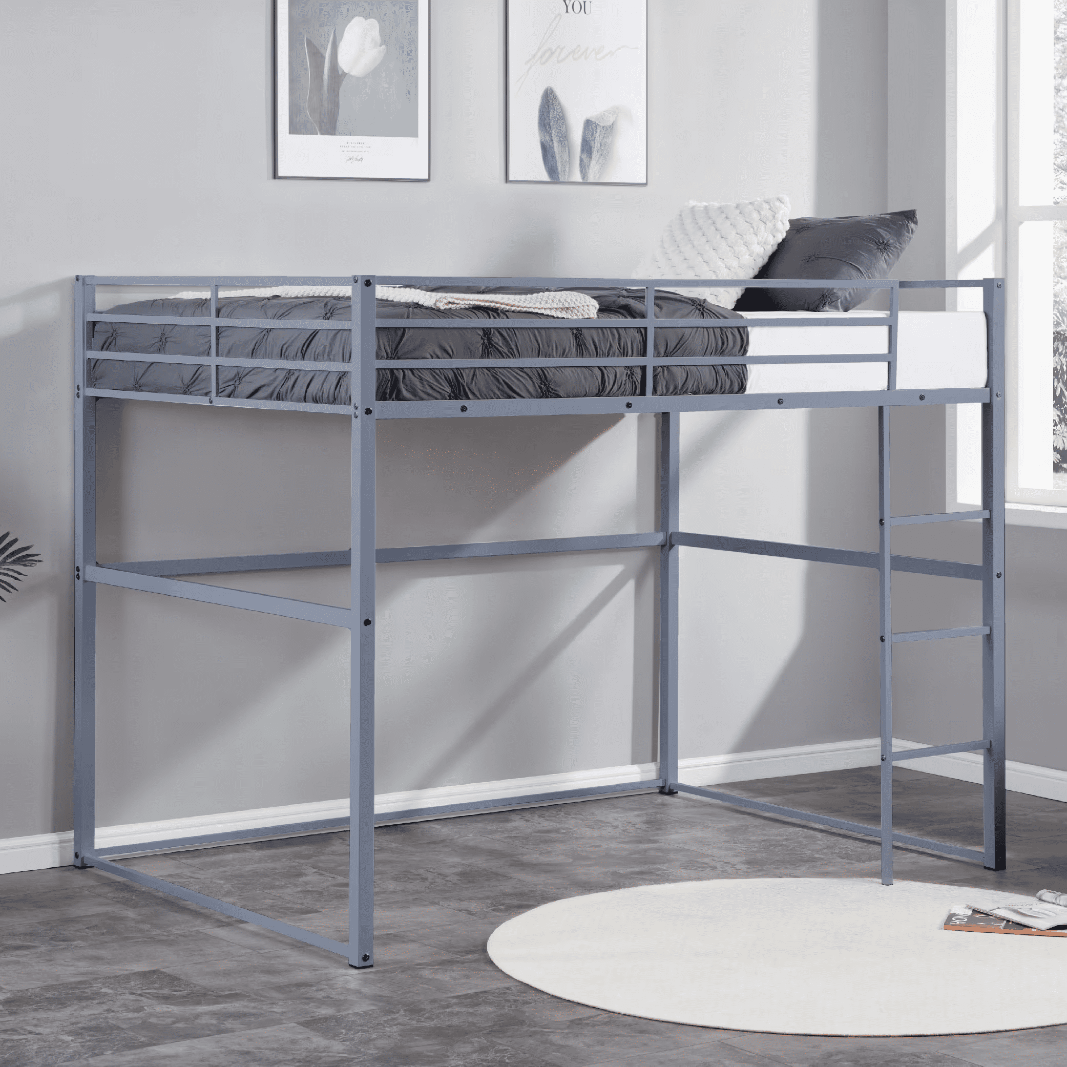 MAYEERTY Twin Size Metal Loft Bed with Safety Guard Rails & Flat Ladder, Bed Frame for Kids Teens Adults, Gray
