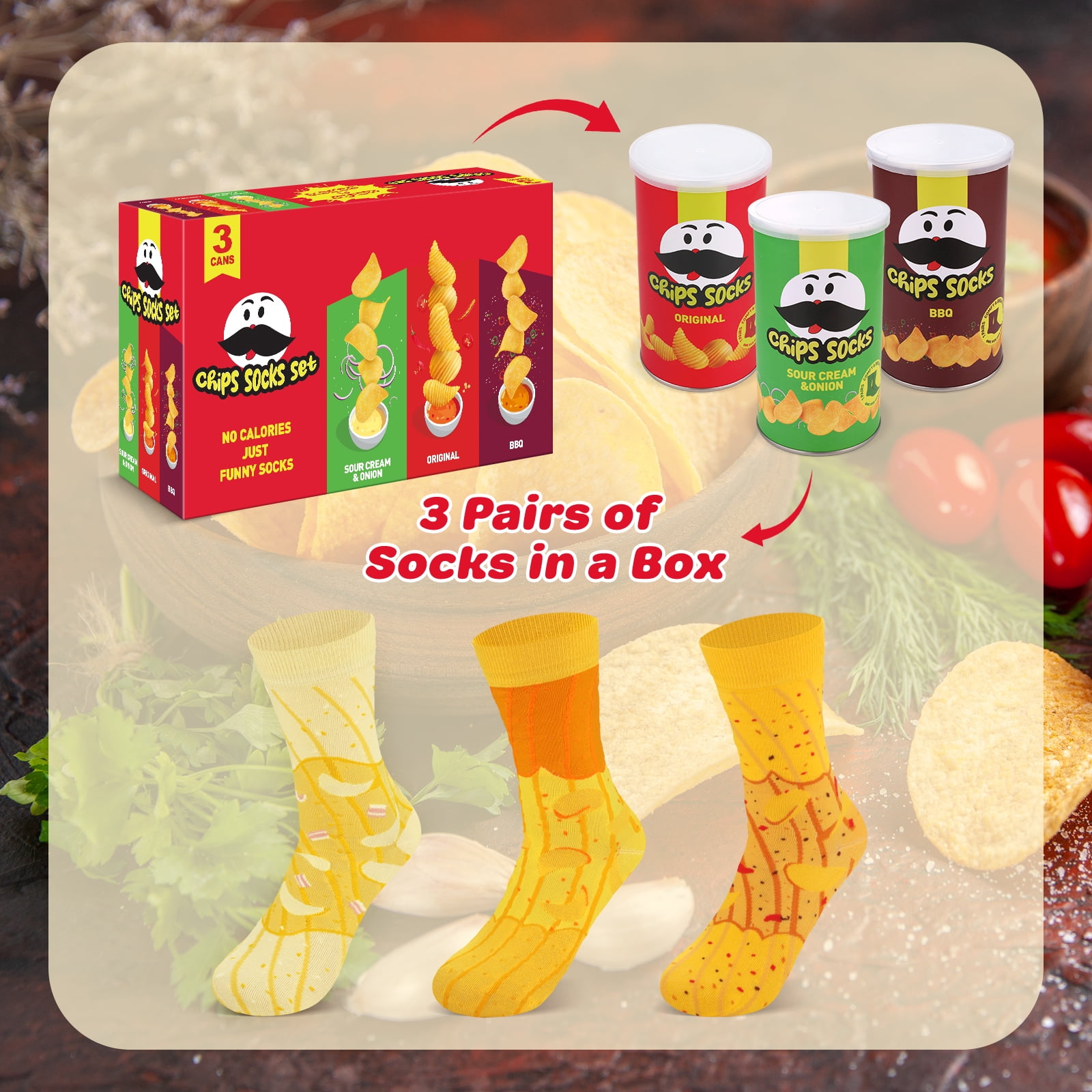 Funny Chips Box Socks - Unique Gag Gifts for Men Women Teen Boys - Novelty Funky Cool Crazy Silly Food Socks - Birthday Easter Fathers Day Fun Gifts for Him Dad Christmas Stocking Stuffers -3 Pairs