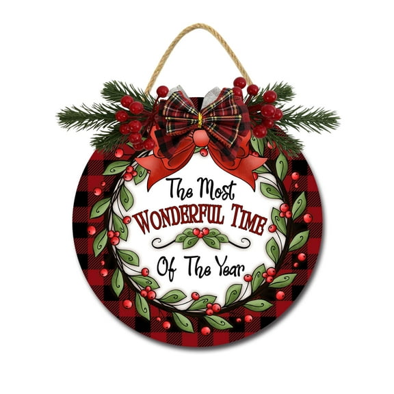 Front Door Porch Decorations The Most Wonderful Time Of Year Door Hanging Sign 12 inch Wooden Wall Sign, Rustic Holiday Wreath Decor for Front Door Porch Home Window Wall Farmhouse Decorations