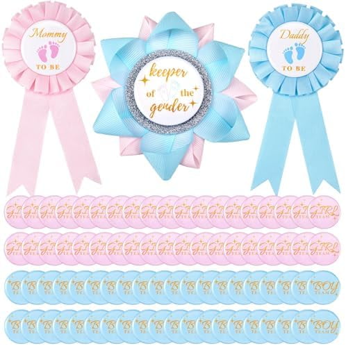 63 Pcs Gender Reveal Pins Set - 60 Team Boy/Girl Pins, 2 Daddy/Mommy to Be Badges, 1 Keeper of The Gender Badge. Creative Party Favors for Reveal Game Decor.