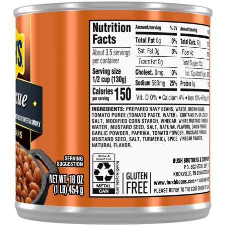 BUSH’S BARBECUE BAKED BEANS, PLANT-BASED PROTEIN, CANNED BBQ BEANS, 16 OZ