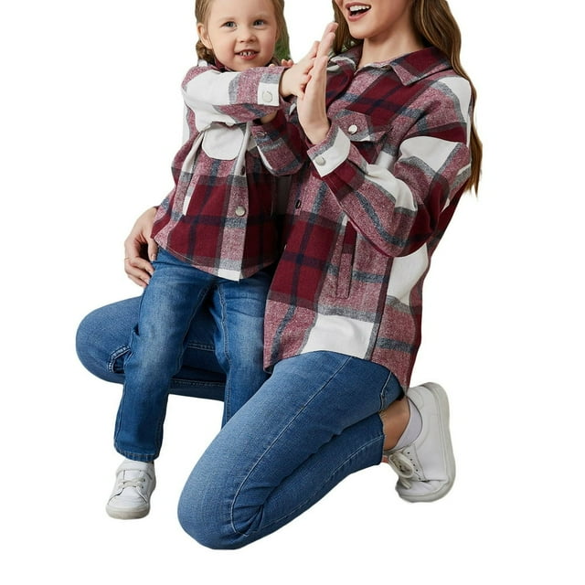 Family Matching Women Girls Flannel Plaid Jacket Shacket Long Button Down Shirt Coat