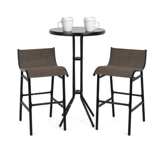 3 Piece Bar Height Patio Set - Outdoor Bistro Table & Chairs, Weather Resistant Aluminum Furniture with Tempered Glass Top for 2 People, Tan Finish
