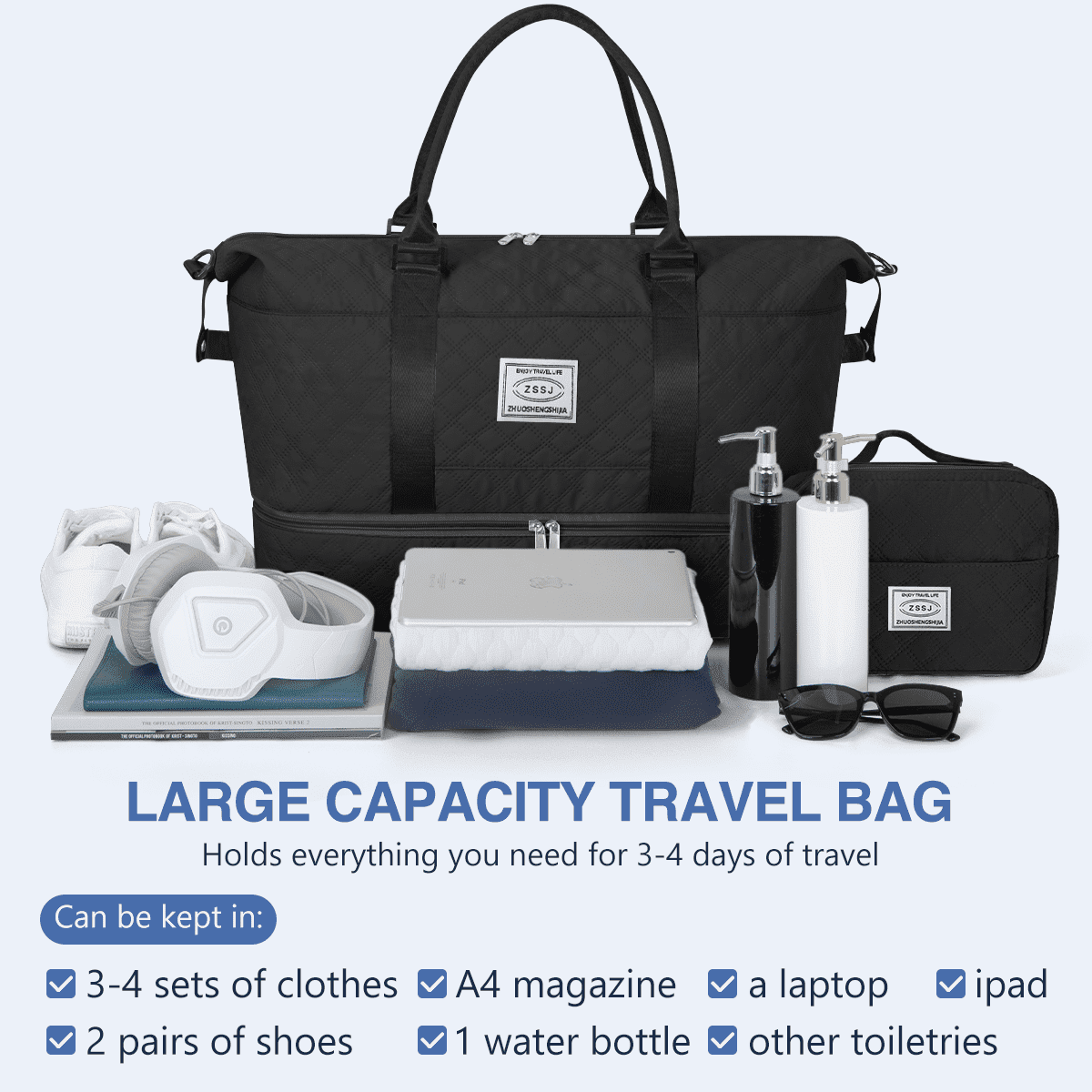 Weekender Bags for Women, Travel Duffel Bags with Shoe Compartment, Personal Item Travel Bag Weekender Overnight Bag Set Hospital Bags with Wet Pocket and Toiletry Bag for Labor and Delivery - Black
