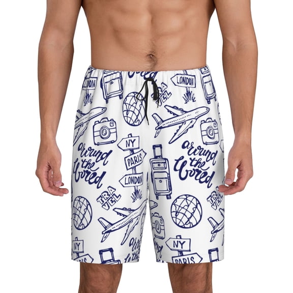 Naloa World Travel2 Men's Short Pajama Pants, Lounge Comfort Shorts with Elasticized Waistband and Side Pockets - Small