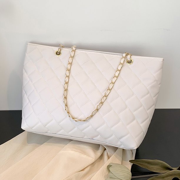 Bolso de compras de cuero de PU acolchado con patrón de celosía de monedero informal para mujer (blanco)