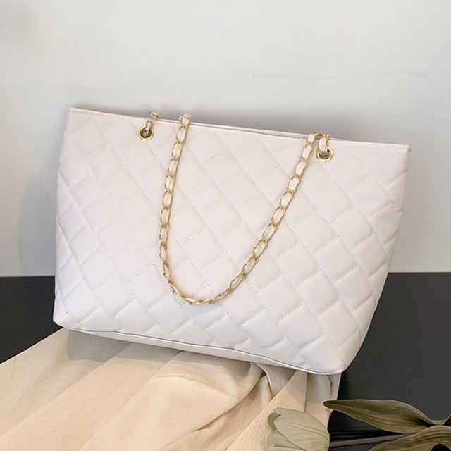 Bolso de compras de cuero de PU acolchado con patrón de celosía de monedero informal para mujer (blanco)