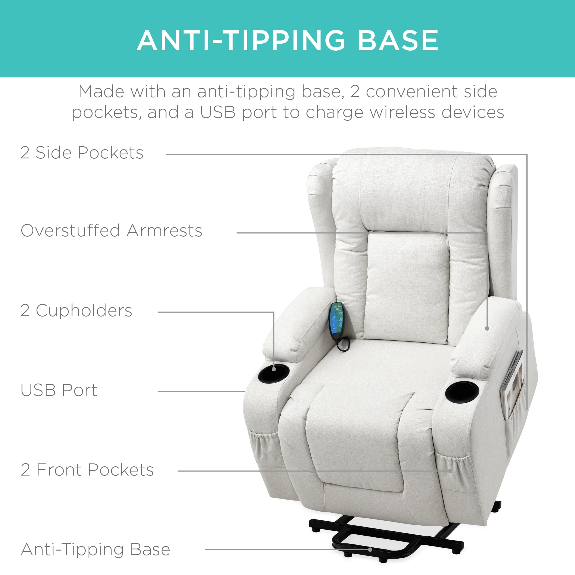 Best Choice Products Electric Power Lift Linen Recliner Massage Chair Furniture w/ USB Port, Heat, Cupholders - Ivory