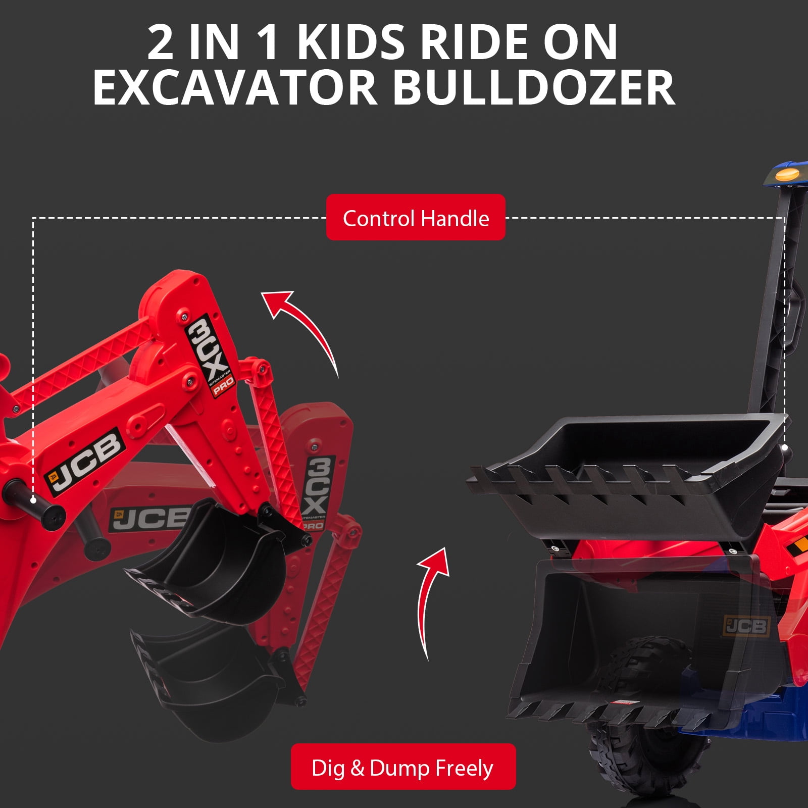 4-in-1 Transformable JCB Ride-on Excavator for Kids, 12v Remote Control Toy with Front Loader & Digger Functions,Kids Outdoor Toy Car, Engineering Truck