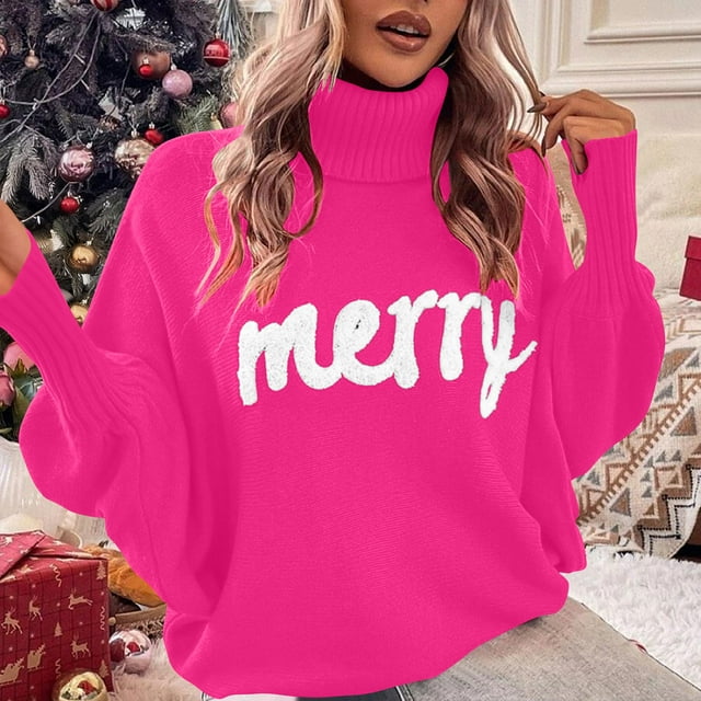 Pounoo Chandails à Col Roulé pour Femmes Manches Longues Col Roulé Imprimé Lettre Joyeuse Hauts Rassemblements de Vacances Vêtements d'Hiver Hauts Cadeau