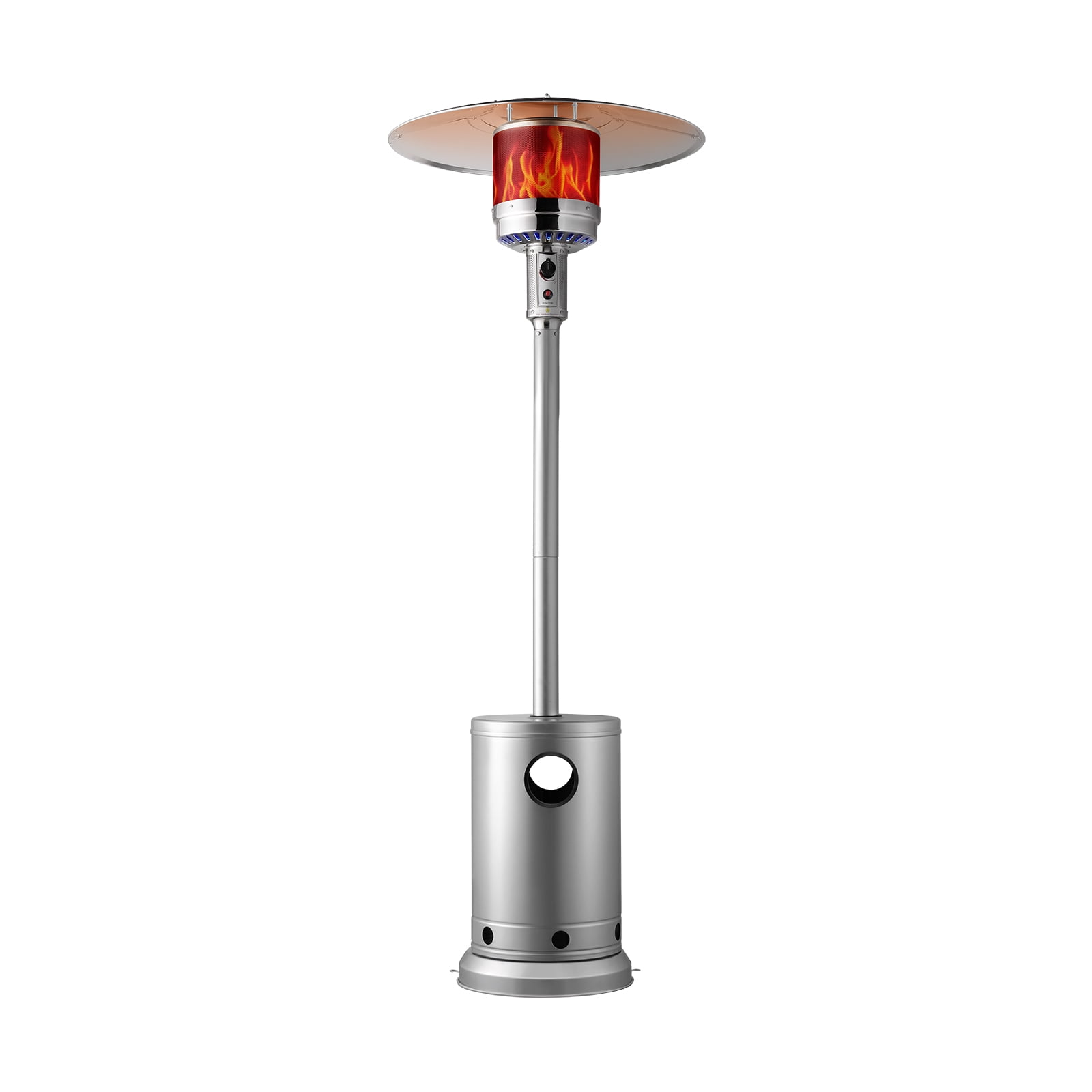 KFFKFF Outdoor Patio Heater, 50000BTU Propane Fueled, Tall Hammered Finish with Circular Table Feature, Durable Metal Burner & Wheels, Secure Outdoor Heating for Patio, Gatherings, Garden, Silver