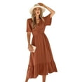 thumbnail image 2 of Women V Neck Summer Dress Ruffle Sleeves Dot Boho Flowy Beach Long Maxi Cocktail Dresses Brick red L, 2 of 10