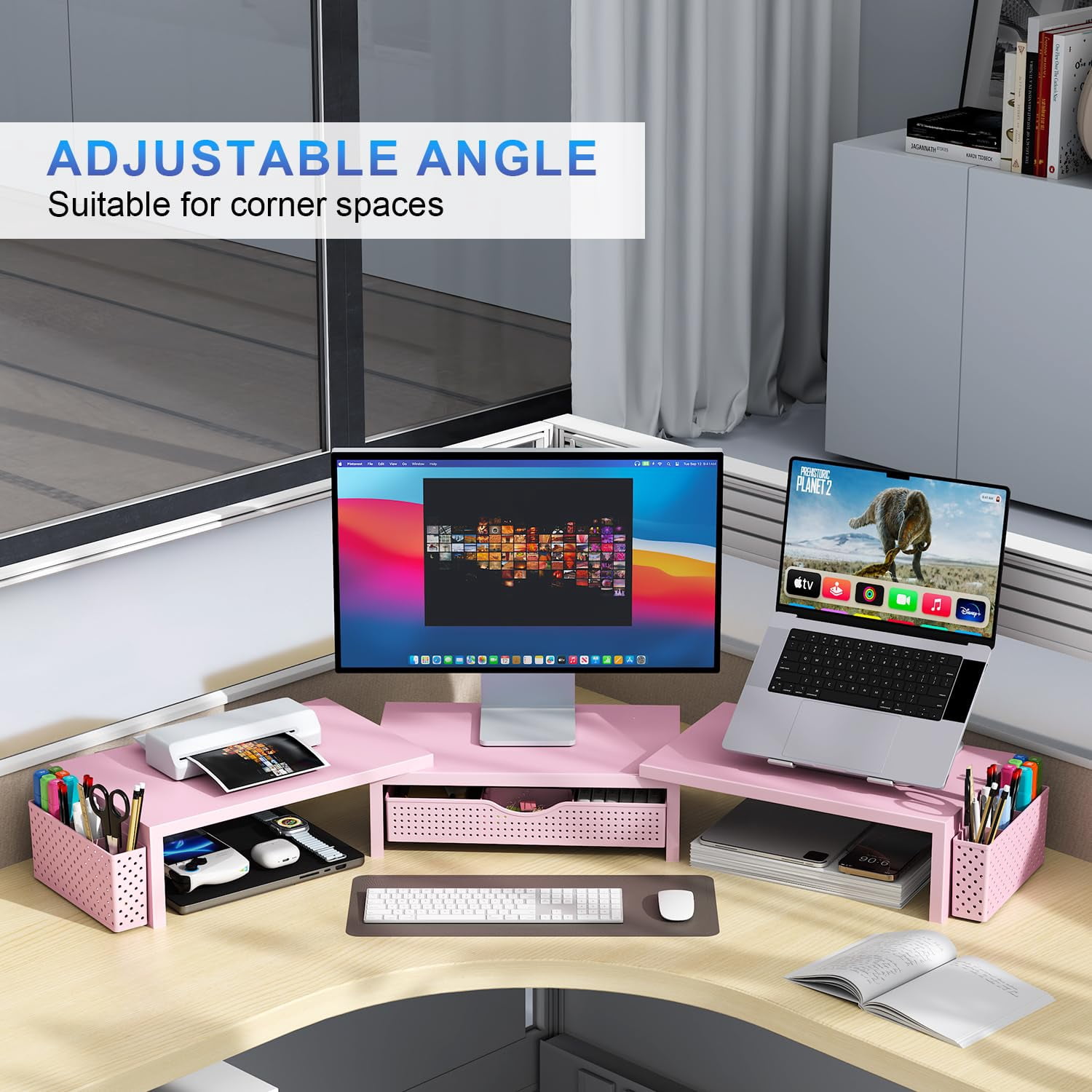 Dual Monitor Stand Riser  Desk Organizer With Drawer And 2 Pen Holders Organizers Accessories Pink Office Supplies (pink)