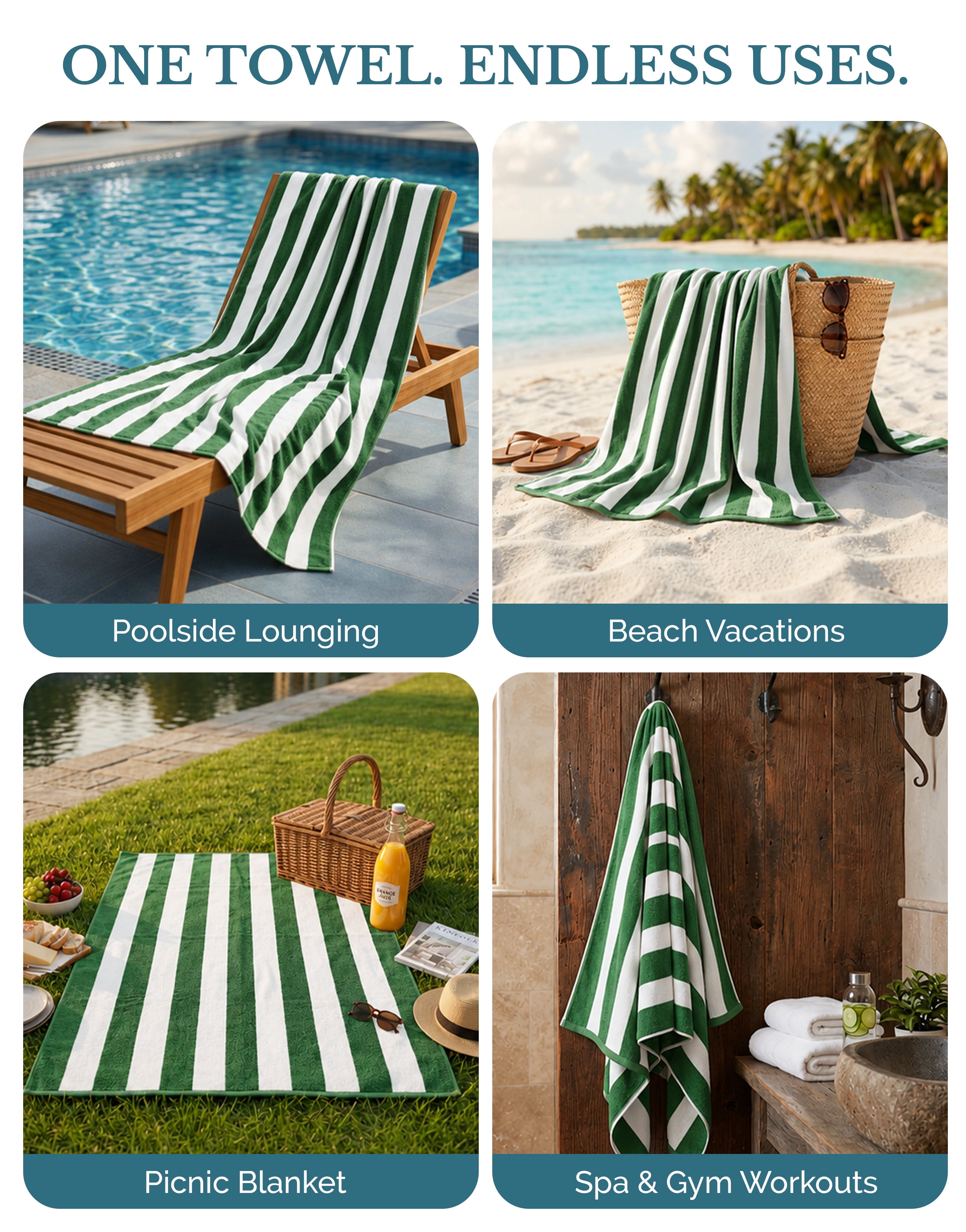 Casa Platino 100% Cotton Pool Towels - 4 Pack Cabana Striped Bath Towel,Quick Dry Absorbent Towels for Swimming Lessons, Pools and Lake Adventures - Green
