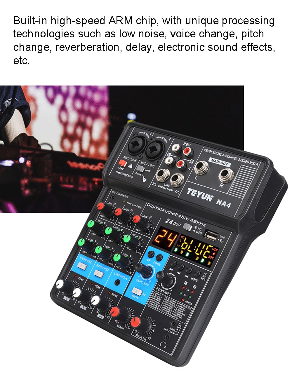 Mini 4-Channel Audio DJ Mixer Console, Professional Audio Mixer with Bluetooth, USB & DSP Effects for KTVs