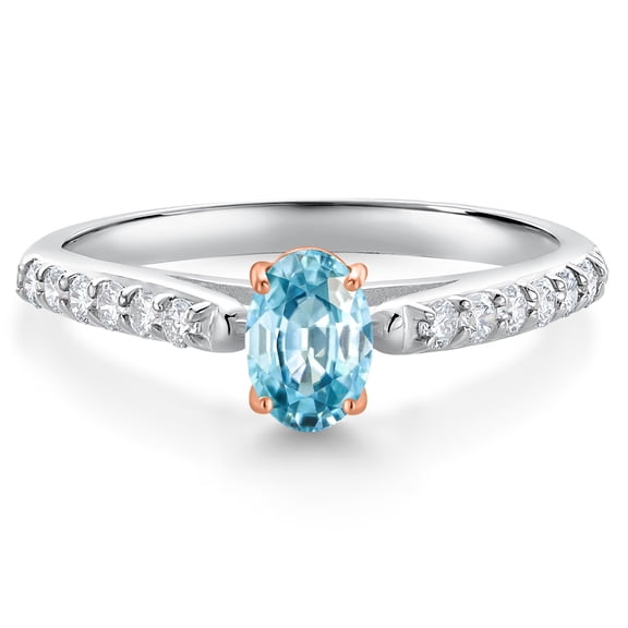 Gem Stone King 925 Silver and 10K Rose Gold Blue Zircon and White Lab Grown Diamond Engagement Ring for Women (0.83 Cttw, Oval 6X4MM, Gemstone December Birthstone, Size 9)