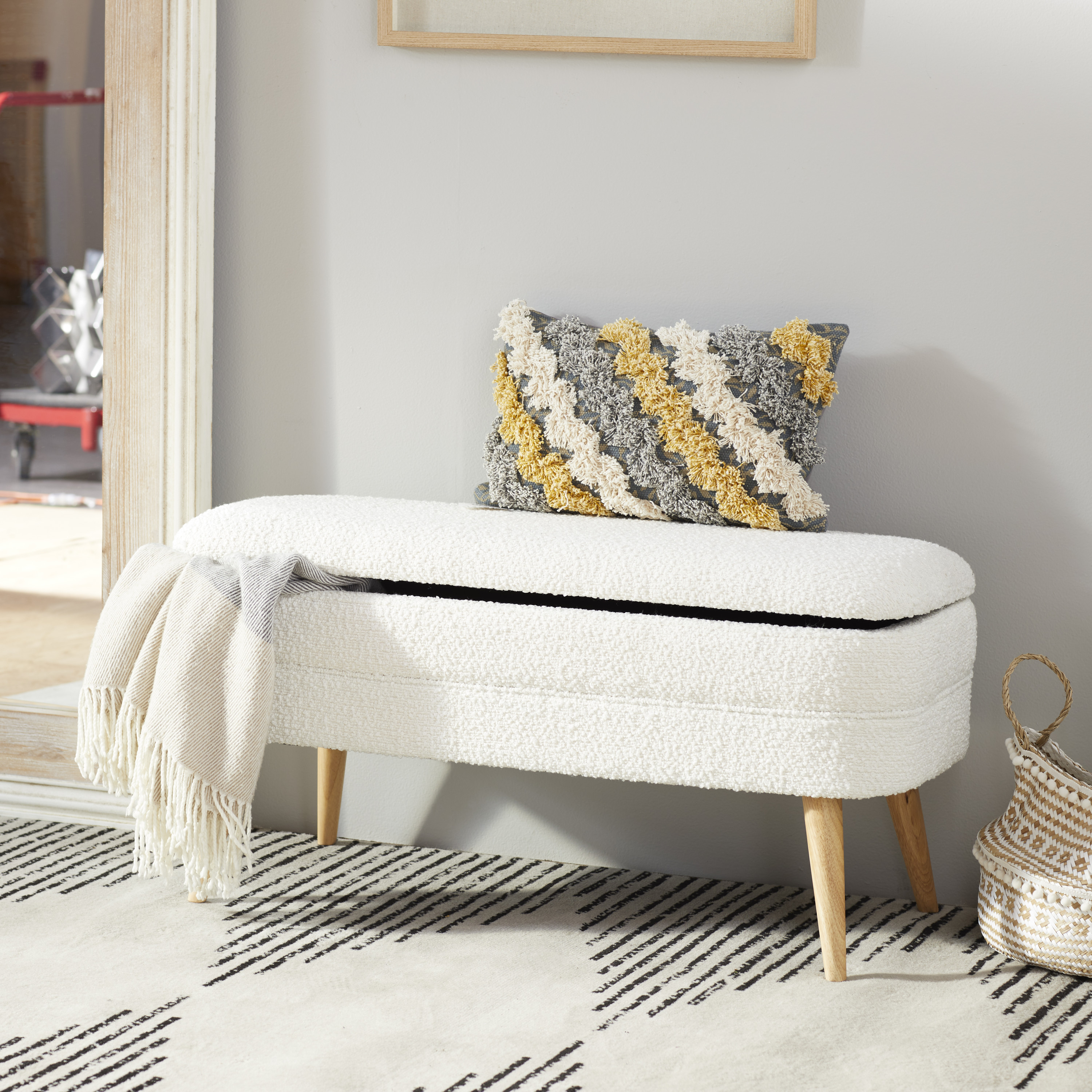 DecMode Polyester Rounded Upholstered Boucle Storage Bench with Wood Legs, White