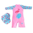 thumbnail image 1 of Kids One Piece Swimsuit Long Sleeve Back Zipper Closure Stretchy Sunproof Print Girls Swimwear with Hat for Vacation Blue Leaves Bird One Size, 1 of 24