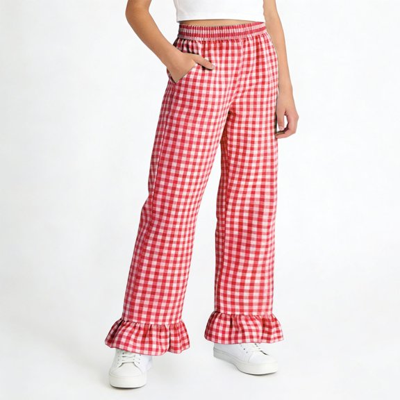 ITSAME Girls Casual Pants, Elastic Waist Ruffle Hem Plaid Print Kids Fashion Casual Pants Red Size 11-12