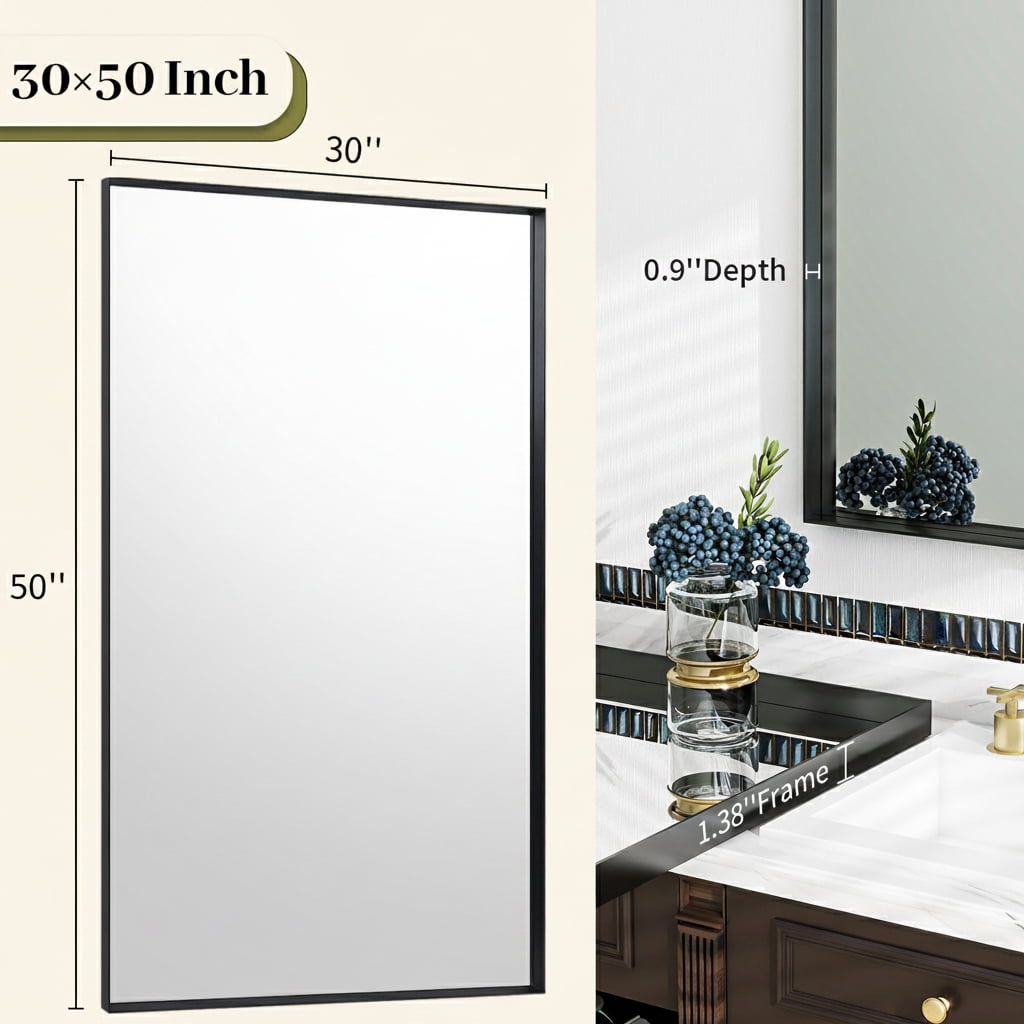 Gleamira 30"x50" Rectangular Bathroom Mirror Wall Vanity Mirror with Deep Frame, Black