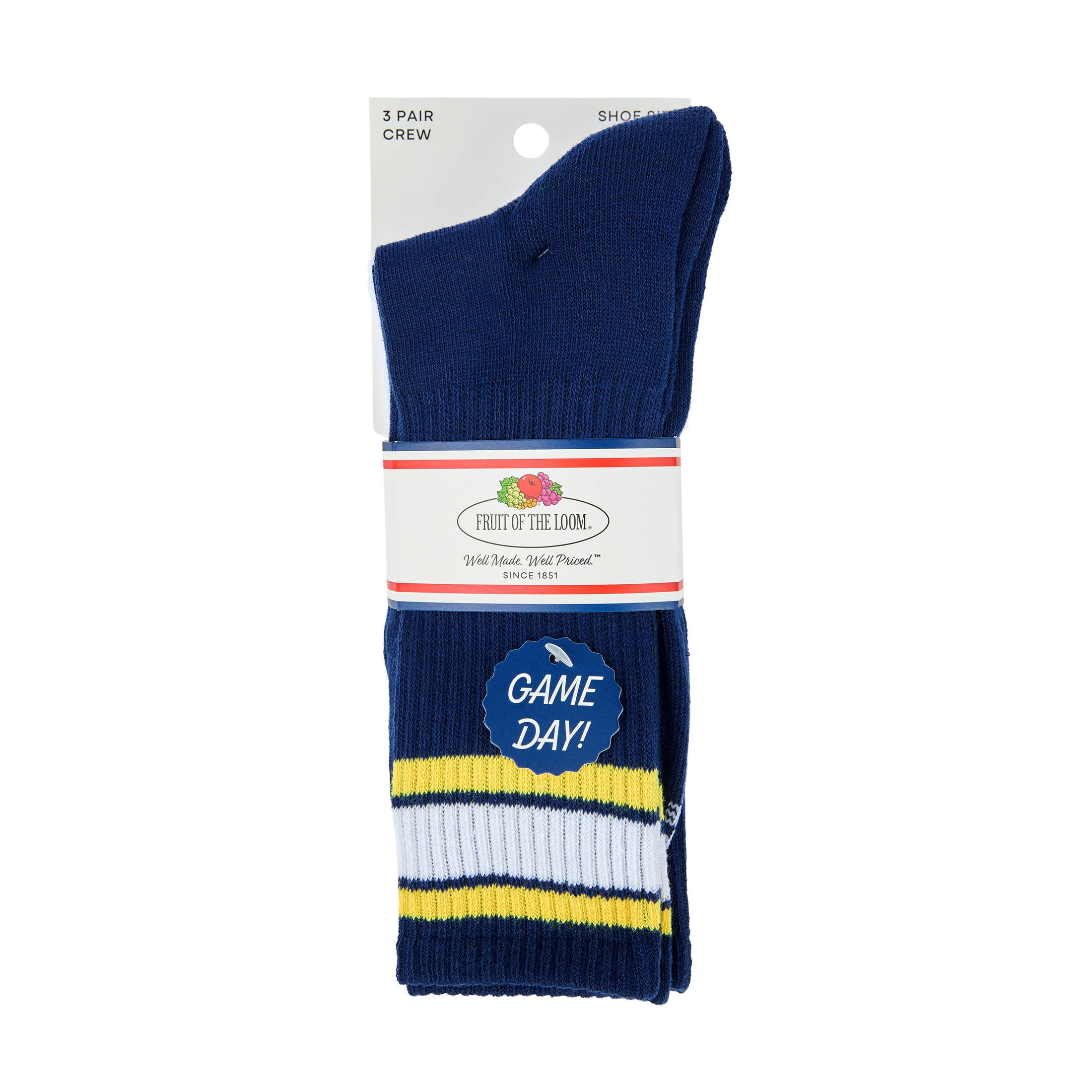 Fruit of the Loom Mens Gameday Crew Socks, 3-Pack, Sock Sizes 6-12