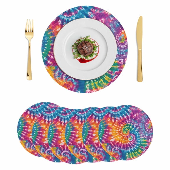 Colorful Round 13 Inch Placemats Set of 6, Ethnic Modern Abstract Watercolor Tie-Dye HeatResistant Non Slip Place Mats for Dining Table, Wipeable Braided Kitchen Table Mats for Housewarming