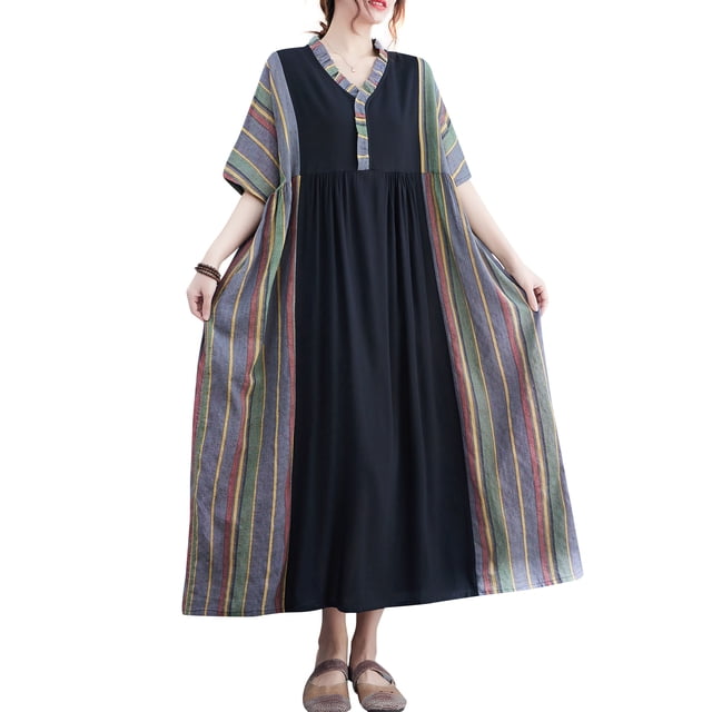 Vestido suelto de mujer con bolsillos, volantes, cuello en V, manga corta, vestido vintage de vacaci Tomshoo Vestido