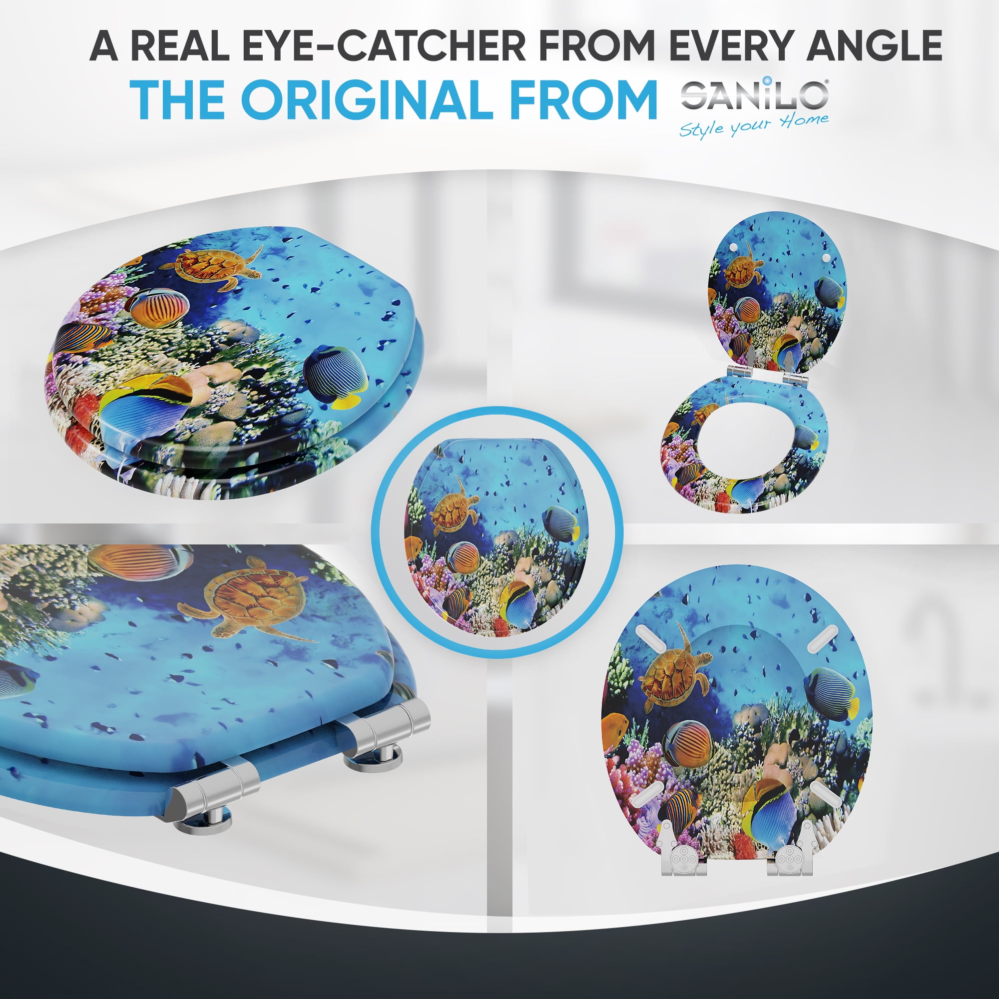 Sanilo Soft Close Toilet Seat ROUND, Quiet and Slow Close Lid and Seat, Strong Bumpers and Hinges, Ocean