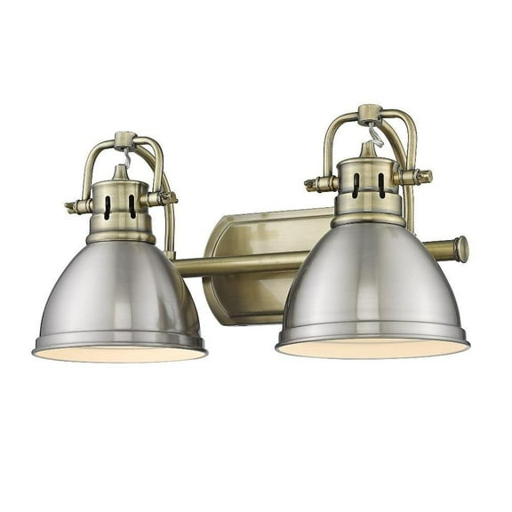 2 Light Vintage Industrial Bathroom Vanity in Aged Brass and Rubbed Bronze Shade-Aged Brass Finish-Pewter Shade Color Bailey Street Home