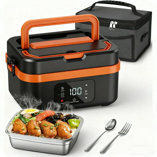 Cordless Electric Heated Lunch Box 6.3-Cup Portable Rechargeable Self-Heating Food Warmer with 10000mAh Battery 75W Fast Heating & Type-C Leak Proof Stainless Steel Container