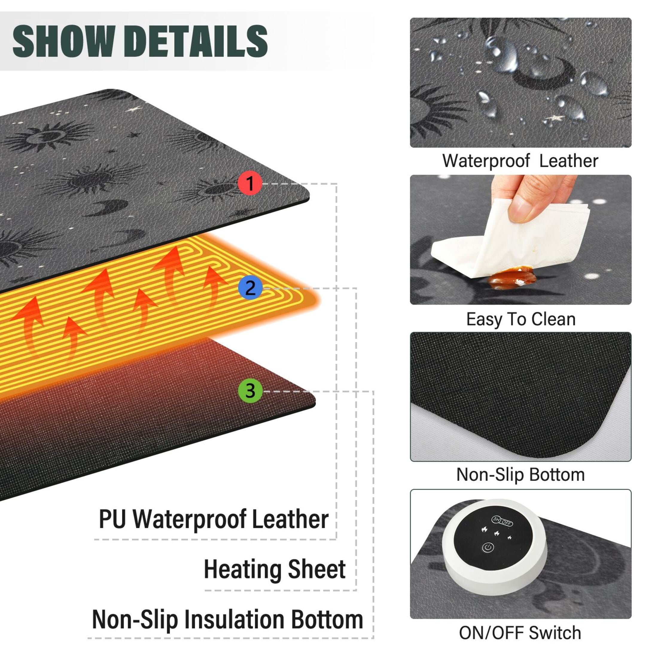 Large Heated Desk Mat Mouse Pad 31.5"x13"PU Leather Graphene Heating Desk Warmer with 3 Temperature Settings 110V US Plug Non-Slip Warm Pad for Home, Office, and Gaming Grey Astrology Celestial Art