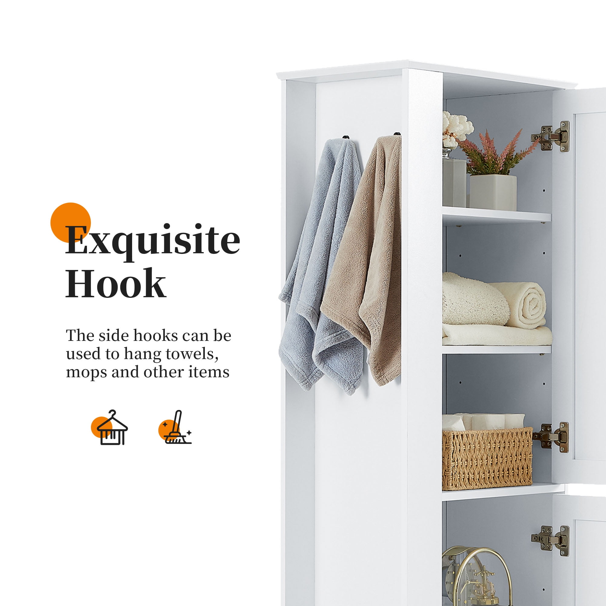 Harper & Bright Designs Tall Bathroom Storage Cabinet Doors and Hook, Modern Freestanding Cabinet with Adjustable Shelves for Bathroom, White