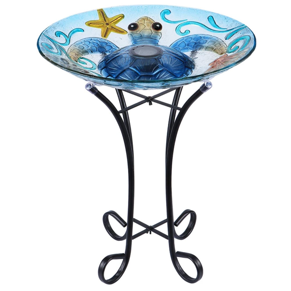 Solar Bird Bath with Metal Stand, Glass Bird Baths for Outdoors, Sea