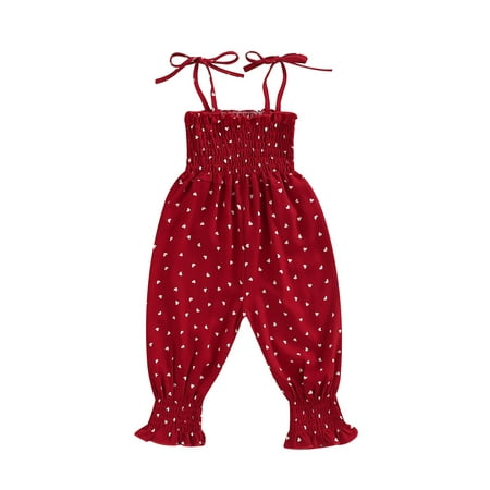 

CenturyX Toddler Baby Girls Sling Jumpsuit Printed Pleated Tie-Up Overalls Casual Summer Romper Clothes Wine Red 3-4 Years