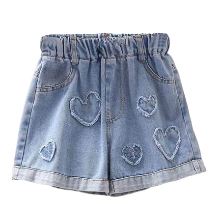 Ticikt Toddler Girl s Cute Graphic Print Denim Shorts Elastic Waist Raw Hem Jean Shorts Playful Outfit for Toddler Kids Spring Summer Fall Everyday Wear Color:Blue Size:4-5 Years