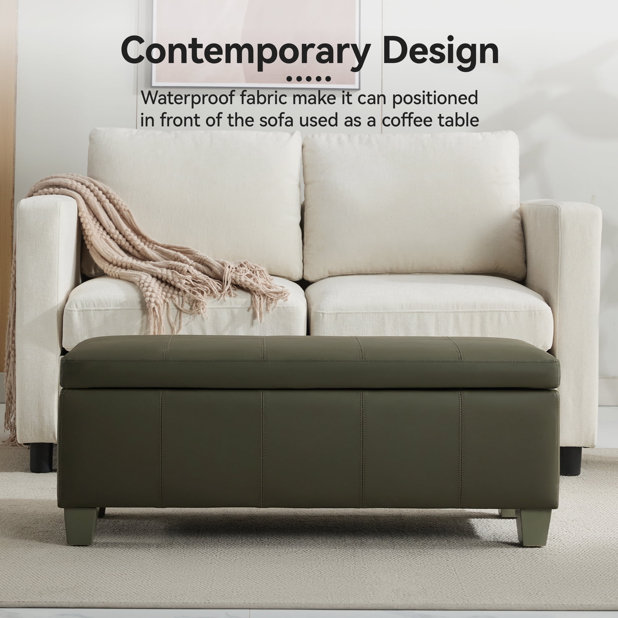 41'' Faux Leather Storage Ottoman Bench, Rectangle Upholstered Storage Bench with Wooden Legs, Stitch Tufted Bench with Storage for Bedroom, Living Room, Entryway, Green