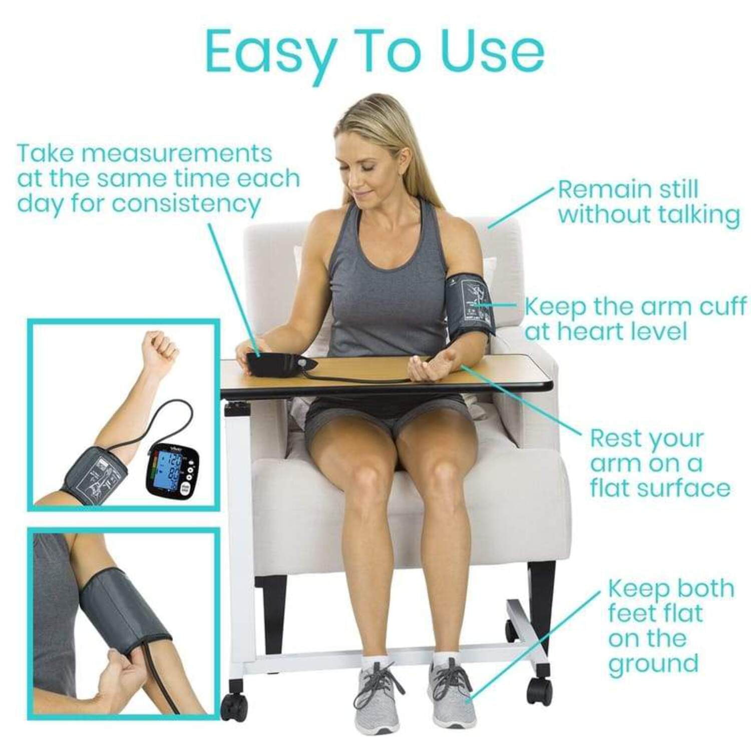 Vive Precision Blood Pressure Monitor – Automatic Upper Arm BP Machine with App for iOS & Android, Large LCD Display, Accurate Heart Rate Sensor, Portable for Home Use, Silver