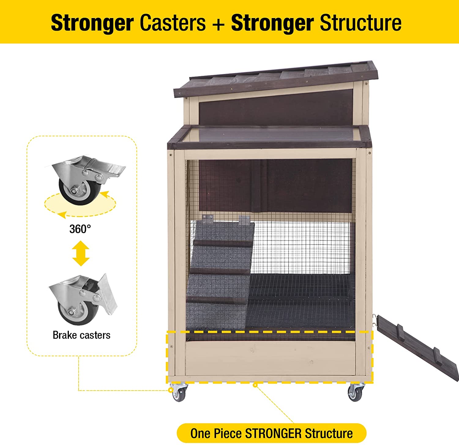 Upgrade Rabbit Cage Indoor Bunny Hutch with Run with Two Deeper No Leak Trays - 4 Casters Include for Outdoor (Coffee)