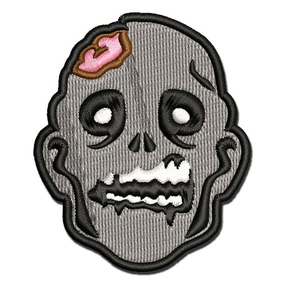 Scary Zombie Head Exposed Brains Applique Multi-Color Embroidered Iron-On Patch - 2.5 Inch Small
