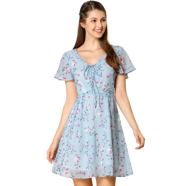 Vestido De Gasa Con Cuello En V Y Manga Con Volantes Florales Para Mujer Azul L