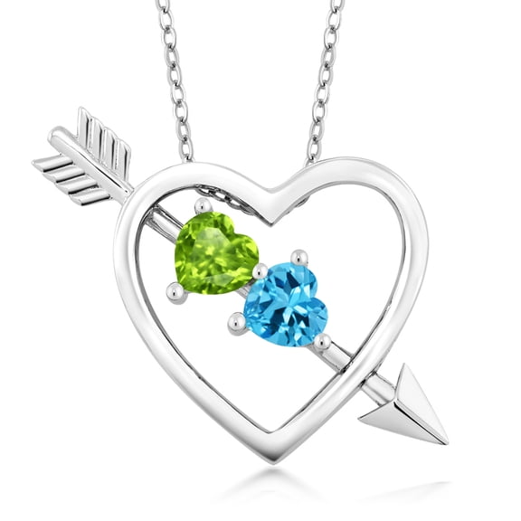Gem Stone King 925 Sterling Silver Green Peridot and Swiss Blue Topaz Heart and Arrow Pendant Necklace for Women (1.06 Cttw, with 18 inch Silver Chain)