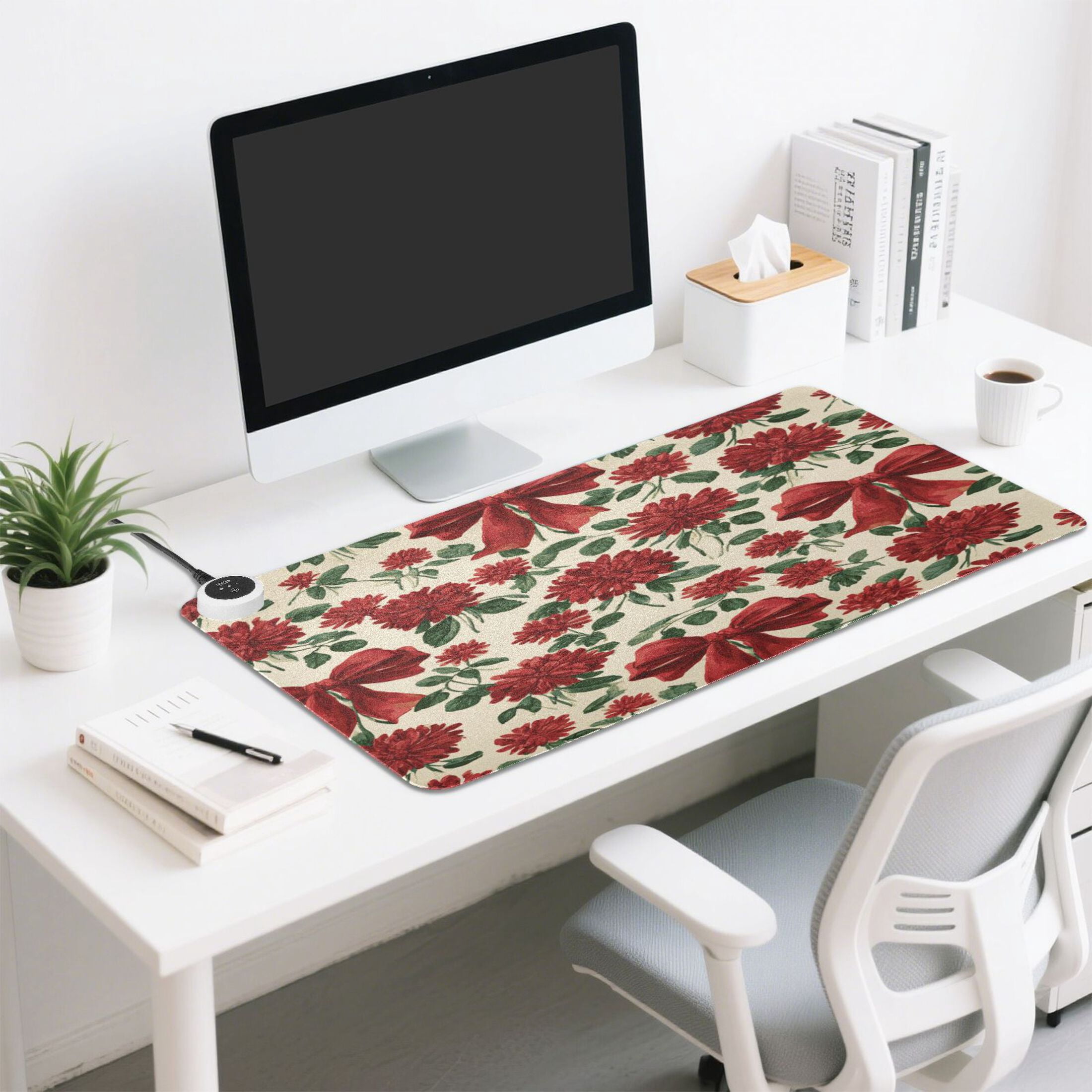 Large Heated Desk Mat Mouse Pad 31.5"x13"PU Leather Graphene Heating Desk Warmer with 3 Temperature Settings 110V US Plug Non-Slip Warm Pad for Home, Office, and Gaming Red Christmas Bows and Floral