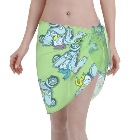 Adobk Women Beach Sarong Bathing Suit Motorcycle Riding Dinosaur Print Wrap Skirt Sheer Bikini Swimsuit Cover Ups For Swimwear