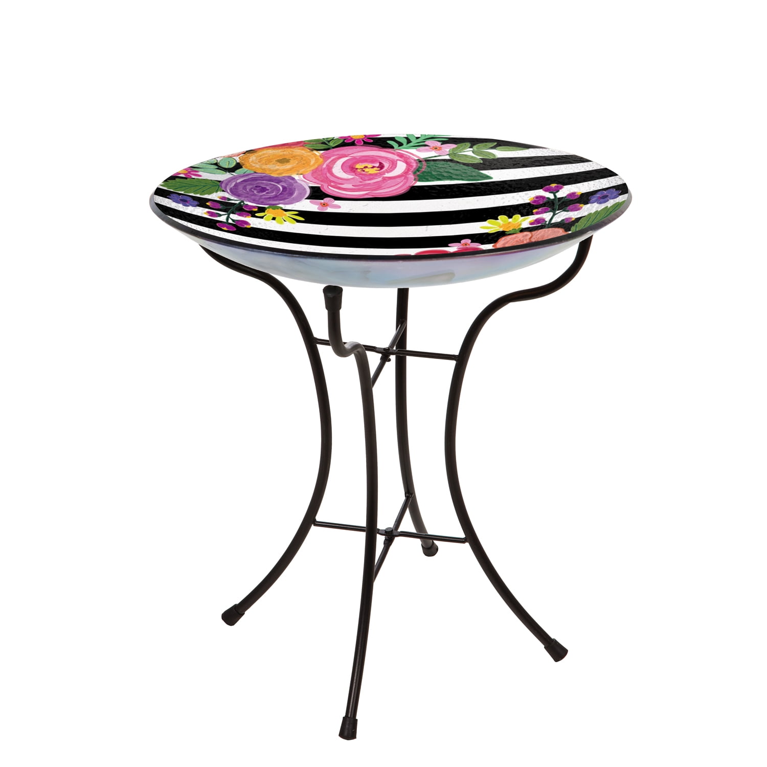 16" Glass Bird Bath with Stand, Striped Florals
