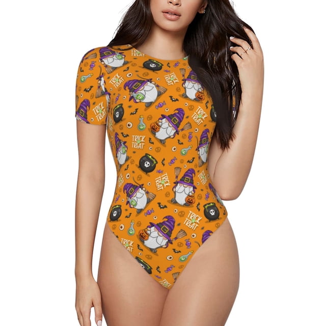 Balery Halloween Witches Gnome Body de cuello redondo de manga corta para mujer Tops de manga corta Tops básicos-XX-Large