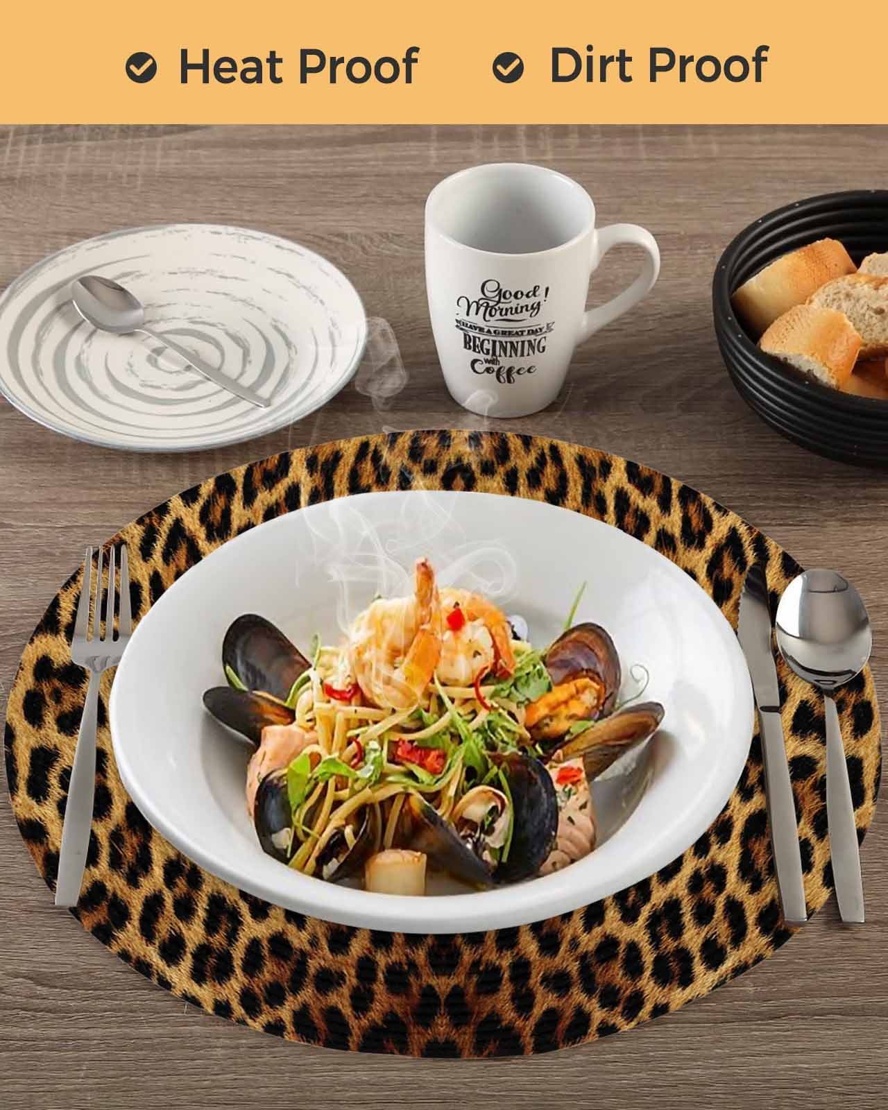 Brown Retro Leopard Print Round Table Placemats set of 4, Abstract Animal Texture Washable Woven Place Mats for Dining Tables Kitchen Party Decor,Heat Proof, 15in,
