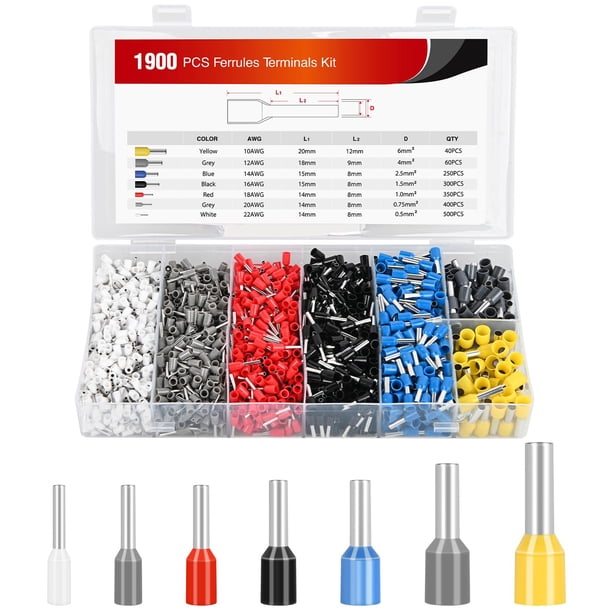 Nilight 1900Pcs Kit De Terminales De Virola De Alambre Awg 22 20 18 16 14 12 10 Conectores De Engarzado De Alambre De Calibre Virola De Nailon Con Aislamiento Tipo De Inserción De Extremo De Cable Par