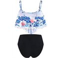 thumbnail image 3 of Women High Waisted Bikini Ruffle Swimsuit Flounce Pom Pom Trim Two Piece Bathing Suit Tassel Blue Leaves (L, 3 of 5